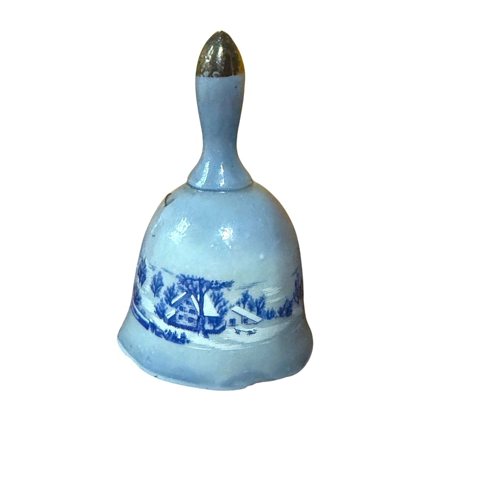 Vintage Blue White Porcelain Winter Scene Dinner Bell Cabin Snowy Trees Taiwan